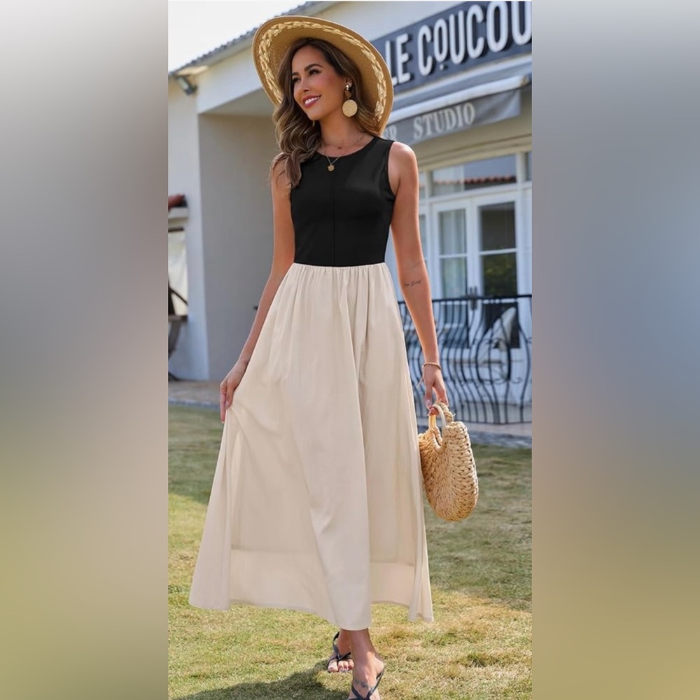 Women's Summer Casual Sleeveless Knit Crew Neck Long Maxi Dresses with Pockets